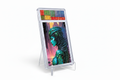 Turquoise alien woman acrylic card slab displayed on clear stand