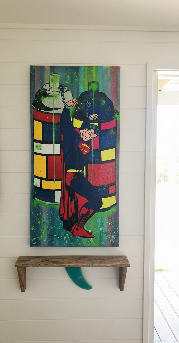 Superman character being held by a spray can with colorful background