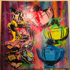 Colorful abstract painting with perfume bottles and a person sitting on a chair.