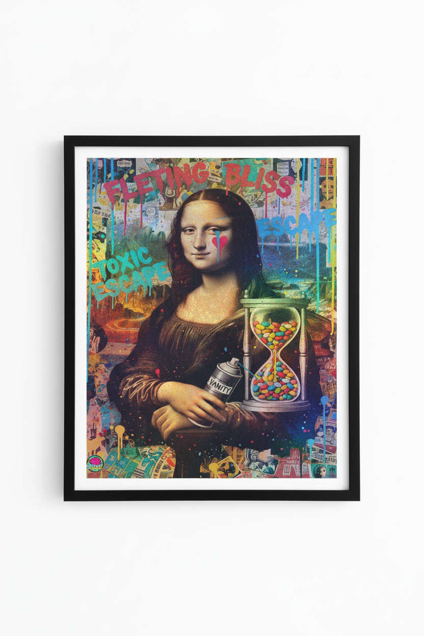 Mona Lisa Toxic Bliss holographic print in 8x10 frame, small collectible size, iridescent rainbow paper, museum-quality presentation by Mr Clever Art