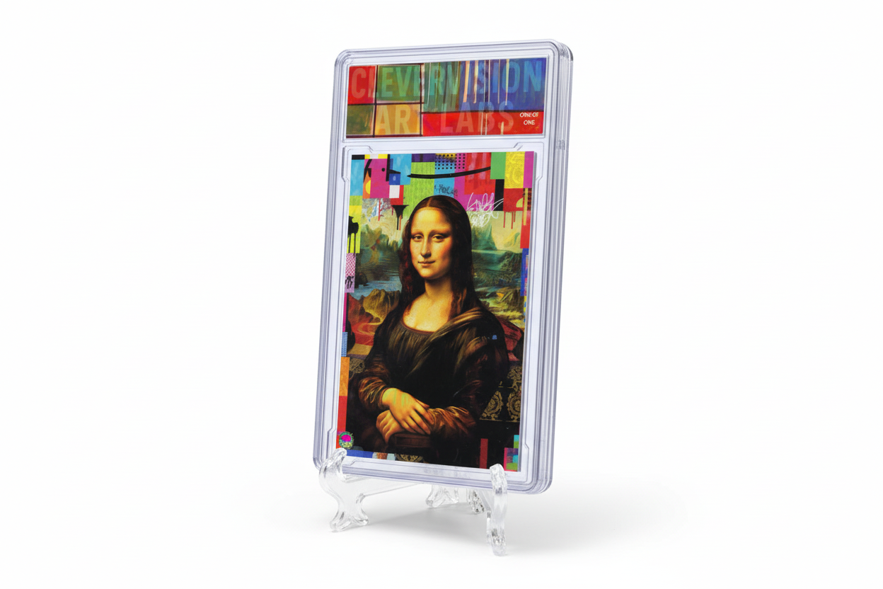 Street Art Mona Lisa acrylic card slab displayed on clear stand