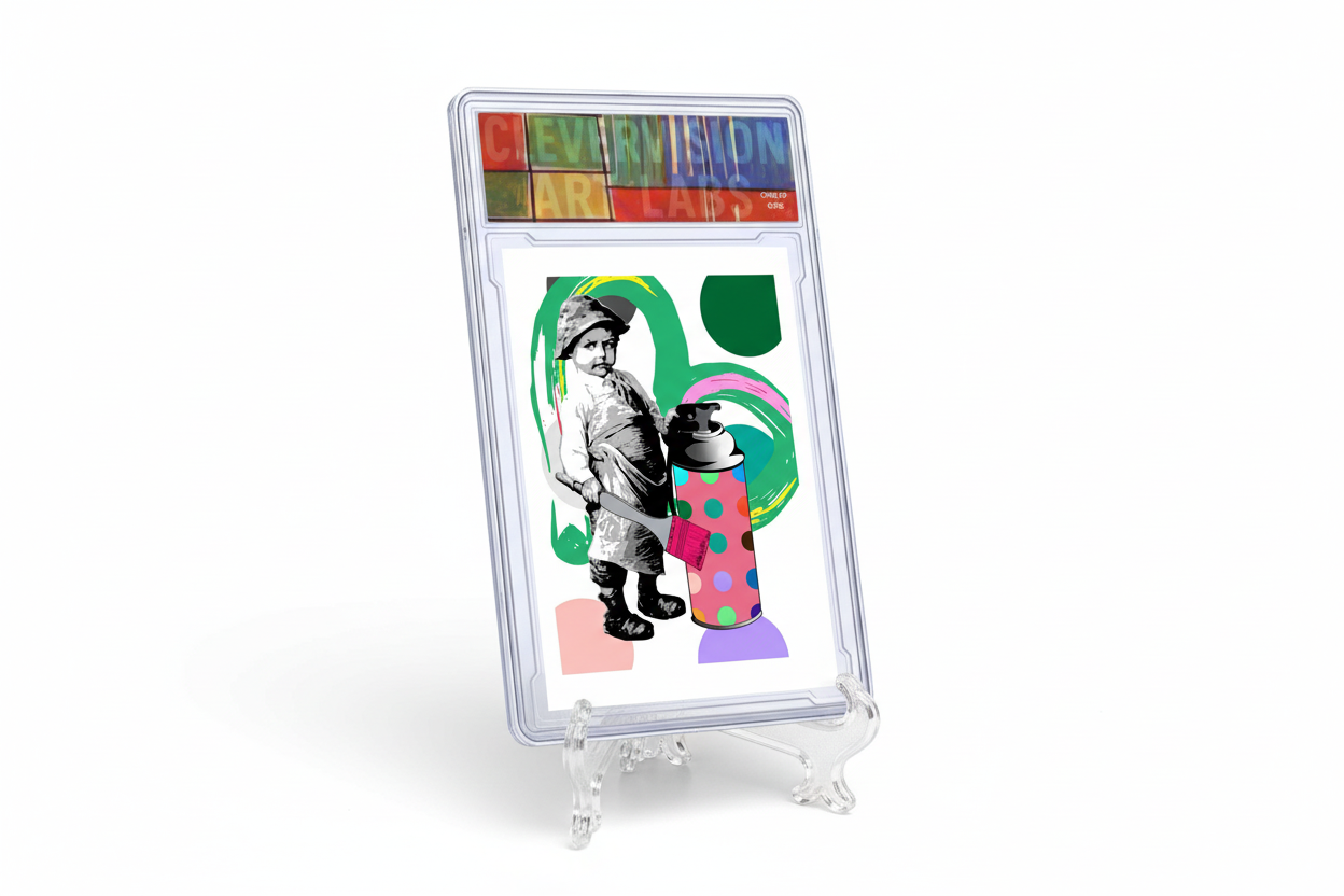 Painting Apprentice acrylic card slab displayed on clear stand