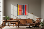 Abstract art print displayed in mid-century modern executive office with Eames chair and teak furniture