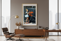 Street art Cinderella print displayed in mid-century modern executive office with Eames chair and teak furniture