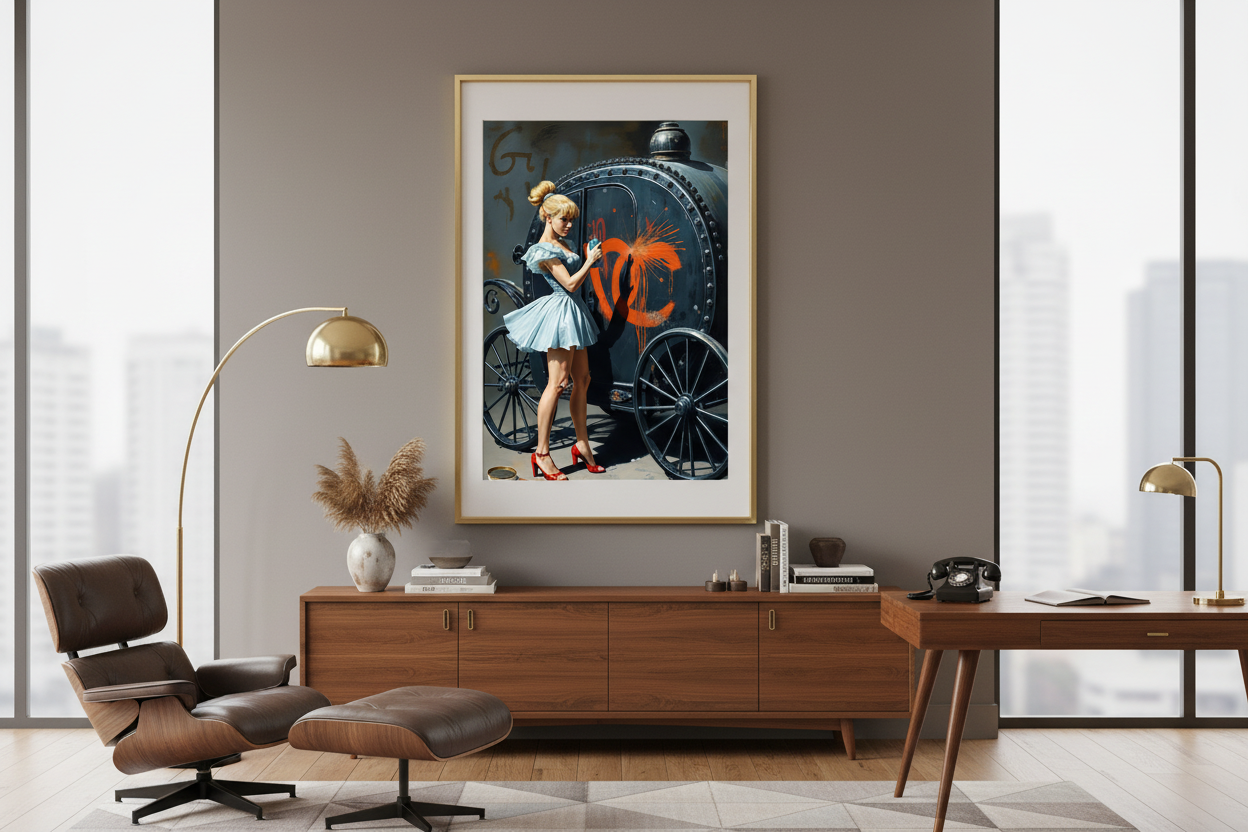 Street art Cinderella print displayed in mid-century modern executive office with Eames chair and teak furniture