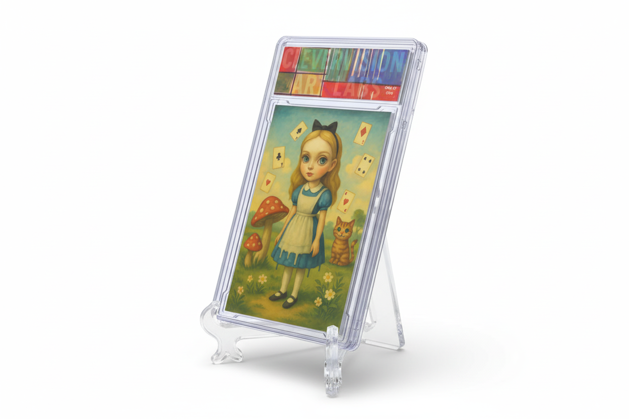 Alice in Wonderland acrylic card slab displayed on clear stand