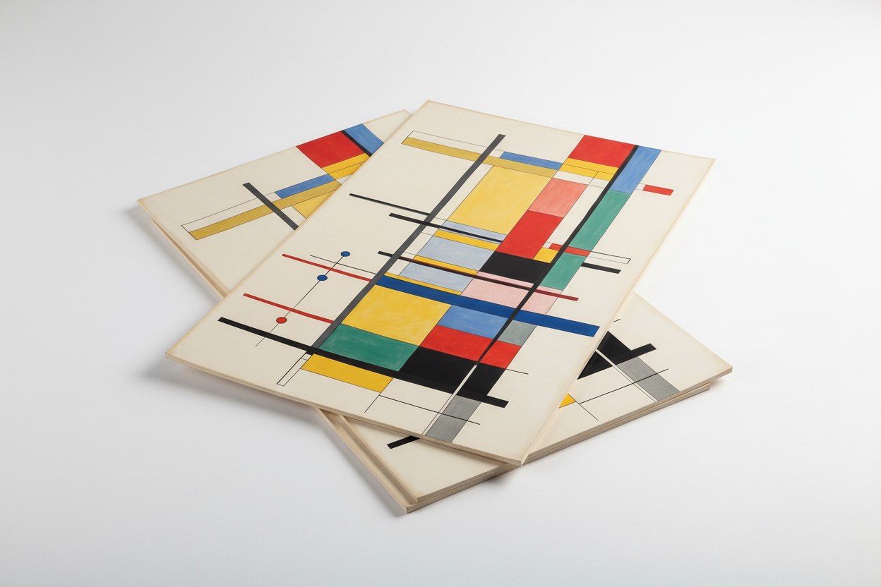 Stack of modern geometric abstract art prints with intersecting color blocks