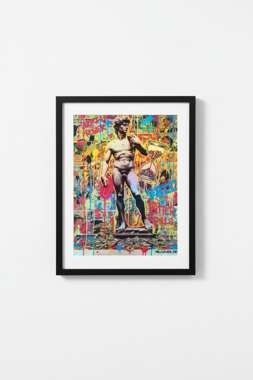 David holographic print displayed in modern frame, 8x10 iridescent rainbow art, museum-quality presentation by Mr Clever Art