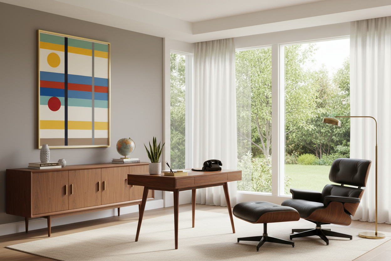 Geometric abstract art print displayed in mid-century modern executive office with Eames chair and teak furniture