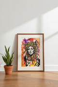 Framed Medusa vintage French paper print in small walnut frame with matting leaning against white wall on warm wood floor, natural window light, minimalist styling, 13x19 artwork
