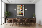 Geometric abstract art print displayed in elegant executive office setting