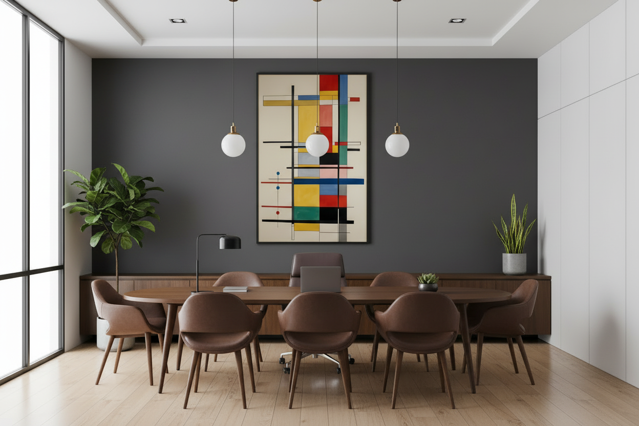Geometric abstract art print displayed in elegant executive office setting