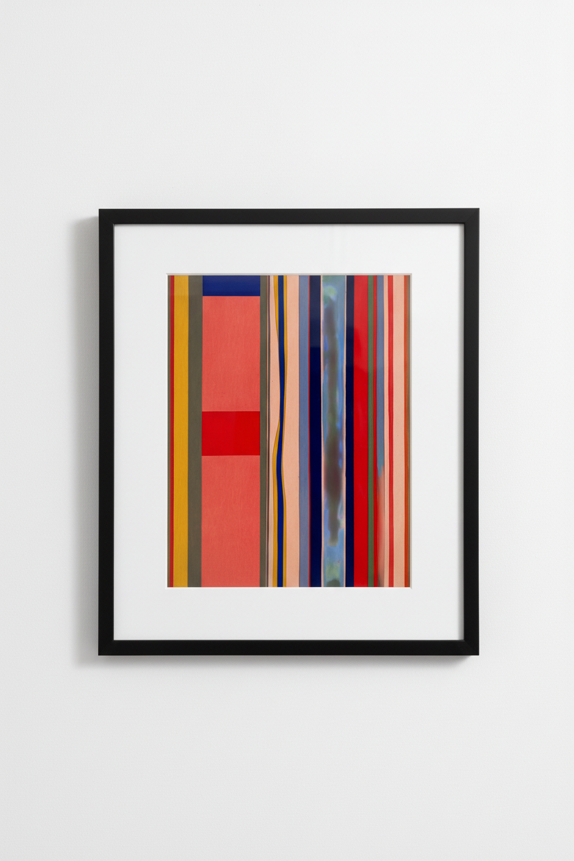 Framed abstract art print with vertical stripes and color blocks in modern black frame
