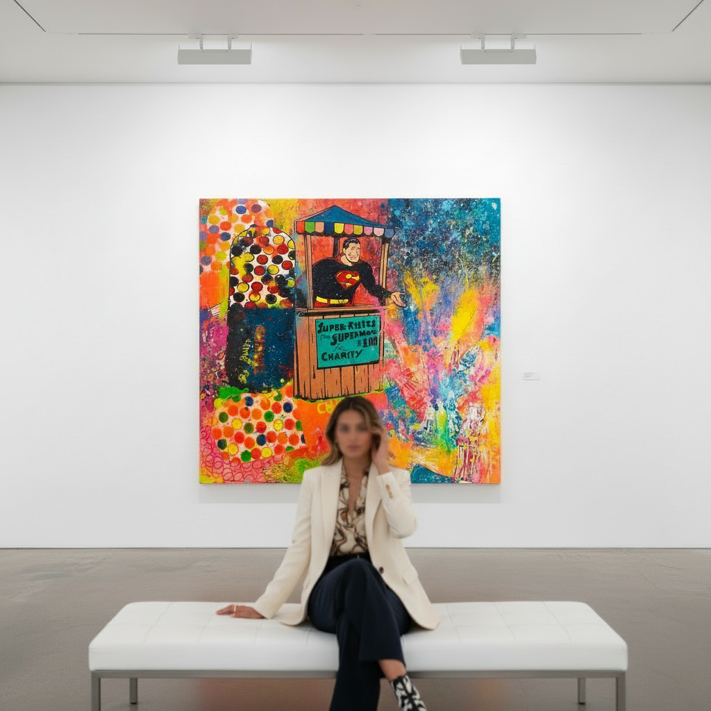 Person sitting on a bench in front of a colorful painting in an art gallery.