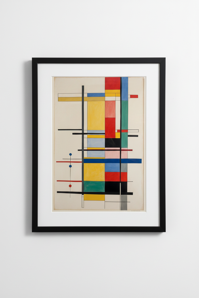Framed geometric abstract art print with modern black frame