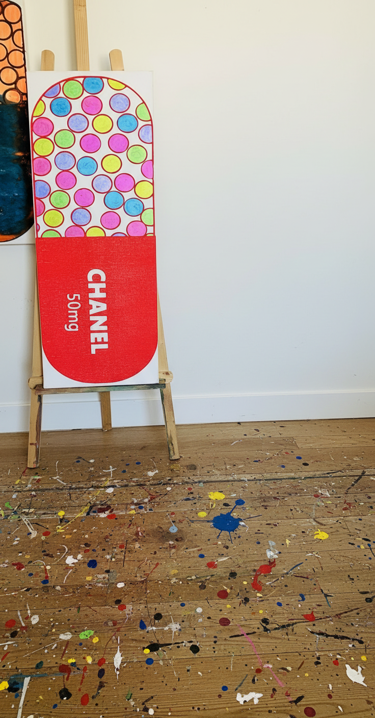 Luxury Addiction Pill Red Original Pop Art Painting 12x36 JUXTAPop Exhibition