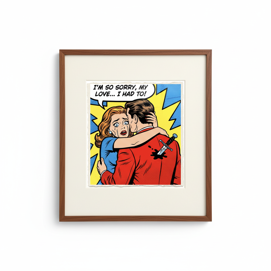 Framed pop art couple wall art walnut mid century modern frame cream mat luxury paper vintage comic style Los Angeles artist