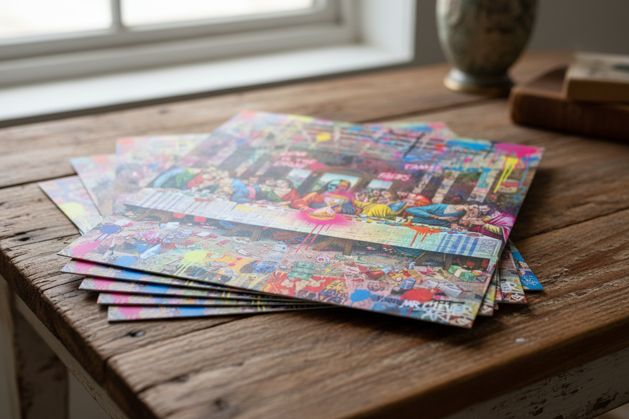 Stack of The Last Supper holographic prints on vintage wood table