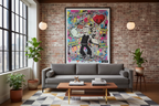 Popeye street art print styled in mid-century modern NYC loft interior