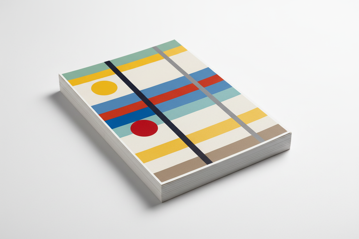 Stack of modern geometric abstract art prints with horizontal stripes and circles