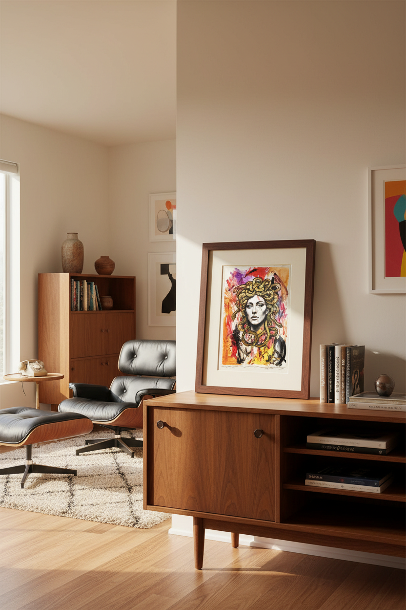 Medusa vintage French paper print displayed in small mid-century modern walnut frame with cream matting on credenza, 1960s interior with Eames chair and teak furniture, warm lighting, MCM aesthetic