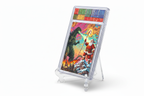 Godzilla vs Santa acrylic card slab displayed at an angle on clear stand