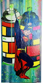 Superman character being held by a spray can with colorful background