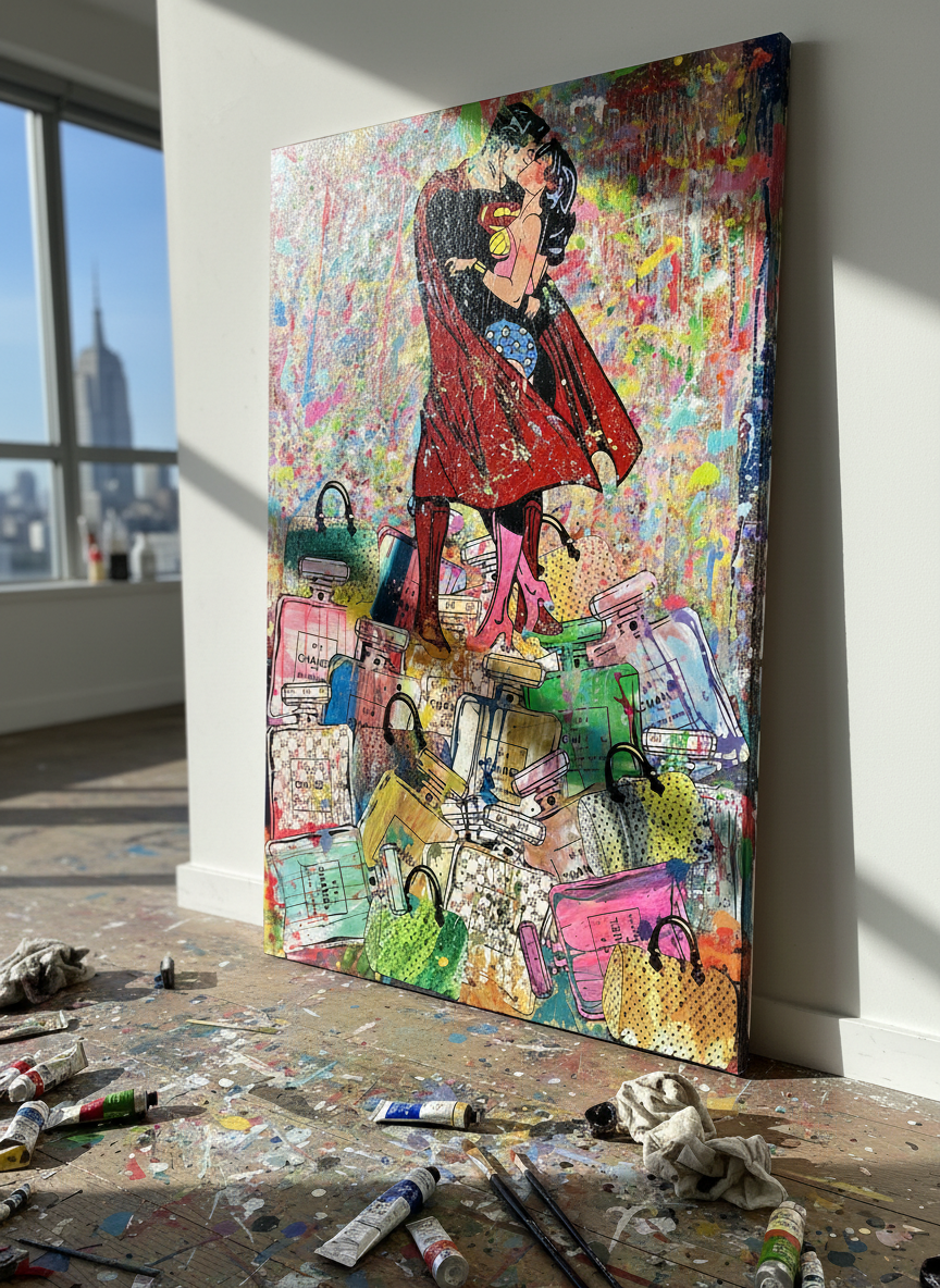 Colorful abstract painting of a woman in a red coat with various bags on a wall.