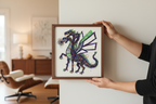 Person holding The Fire Dragon framed art print in MCM living room showing 12x12 scale — Mr. Clever Art 1/1 original vintage French paper collectible