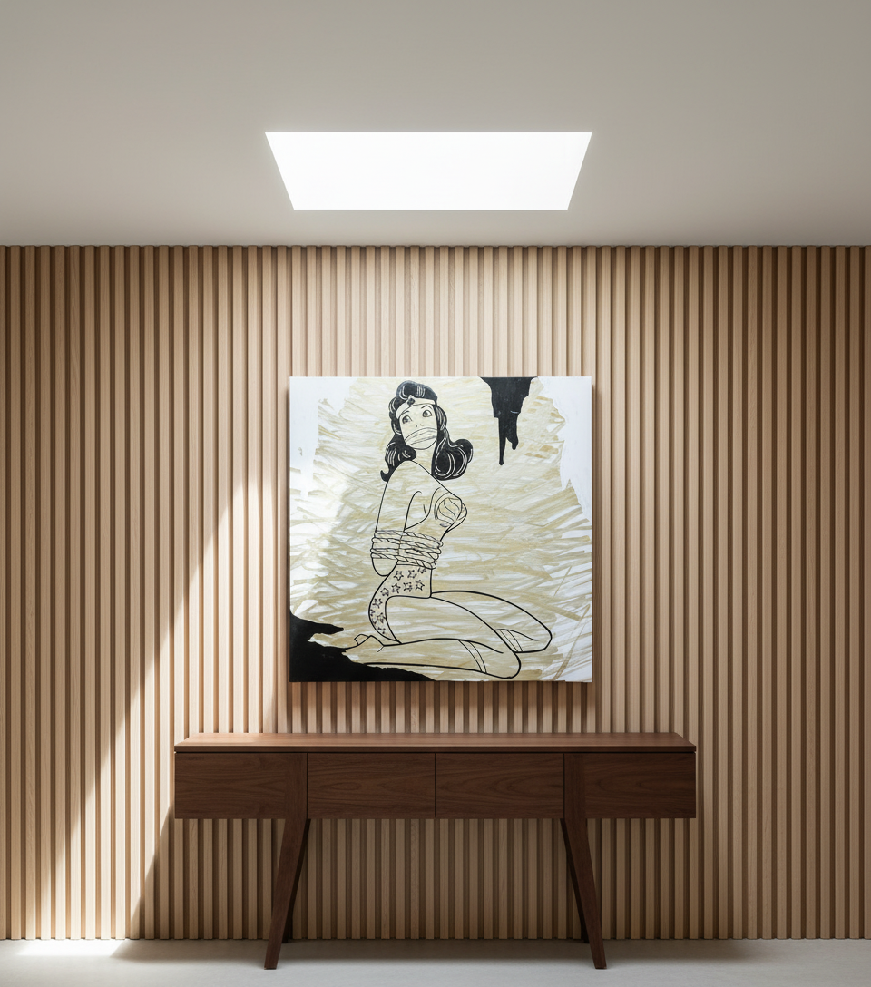 Modern interior with a wooden console table and abstract artwork on a striped wall.