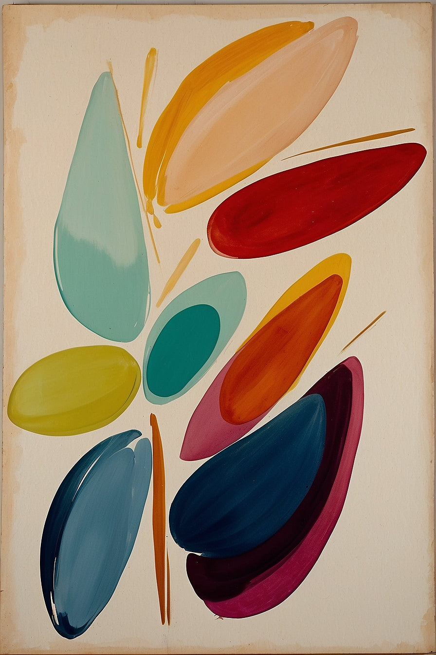 Abstract Organic Leaf Shapes Gouache Painting on 70 Year Old French Paper