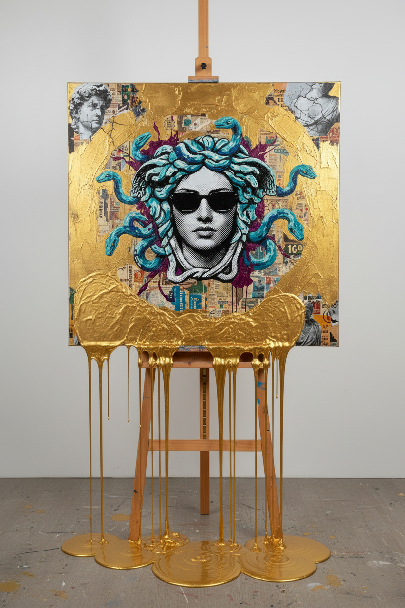Medusa gold painting with molten gold dripping off the easel onto the floor