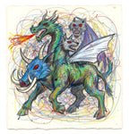 The Dragon Rhino Wolf — 1/1 Original Art Print on 1960s Vintage French Paper