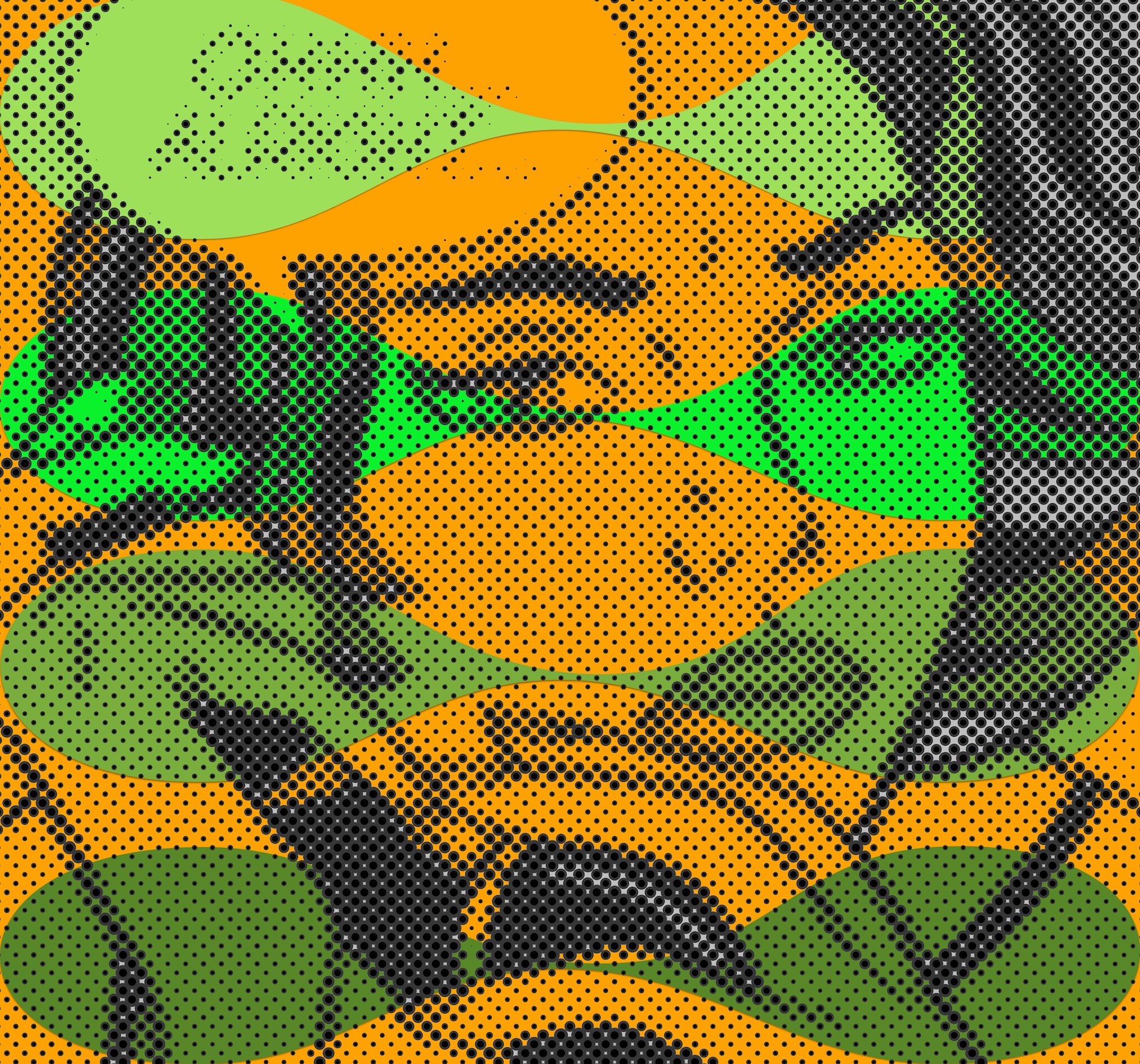 Abstract pattern with green and orange shapes on a black background