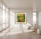 Abstract pattern with green and orange shapes on a black background