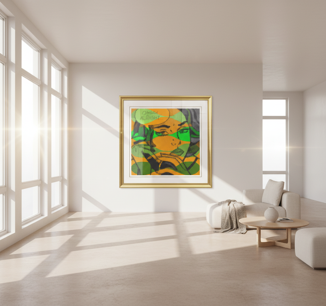 Abstract pattern with green and orange shapes on a black background