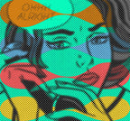 Abstract pattern with colorful shapes on a green background