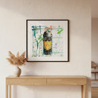 Artistic depiction of a Moët & Chandon champagne bottle with colorful abstract splashes on a white background.