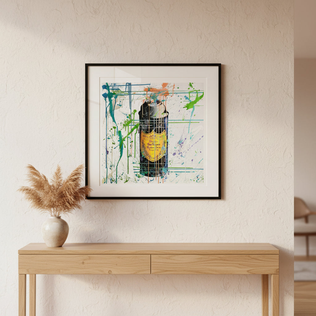 Artistic depiction of a Moët & Chandon champagne bottle with colorful abstract splashes on a white background.