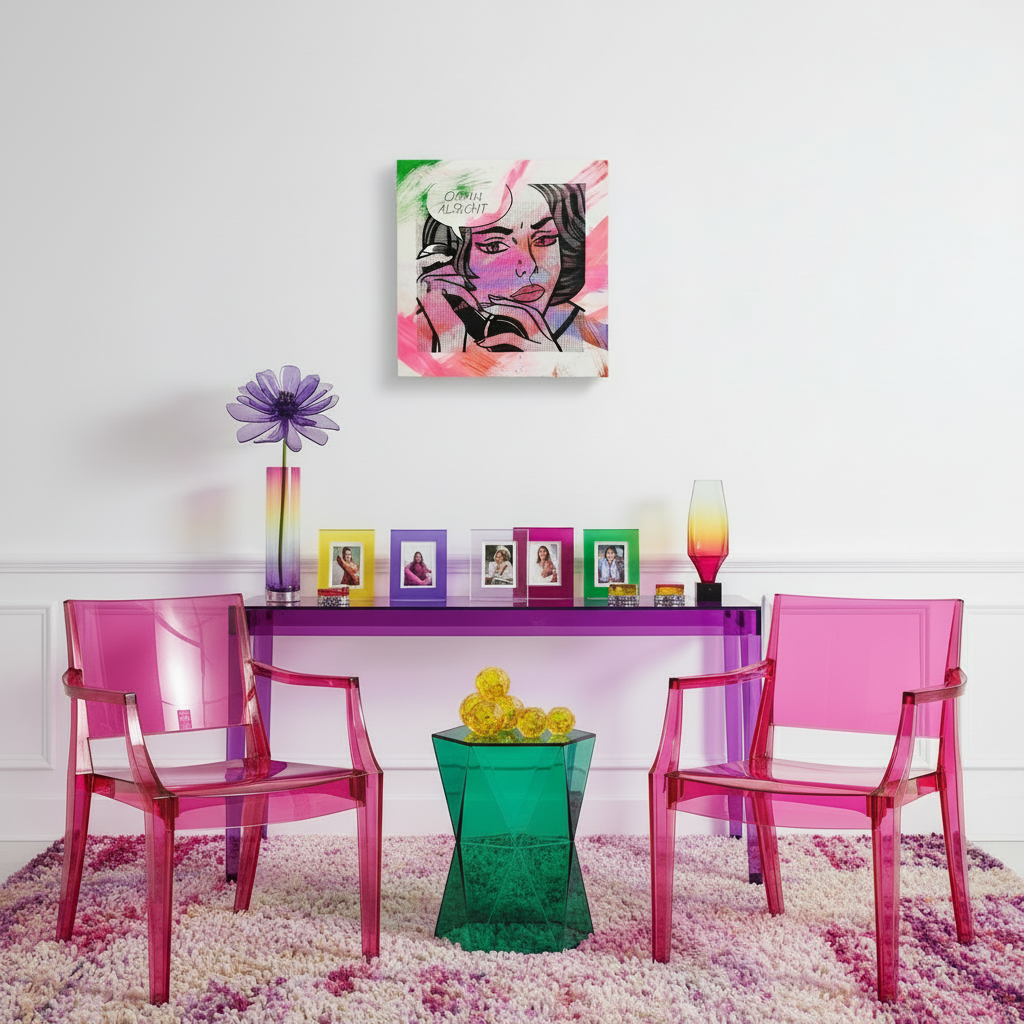 Modern interior with pink chairs, a purple table, and colorful decor.