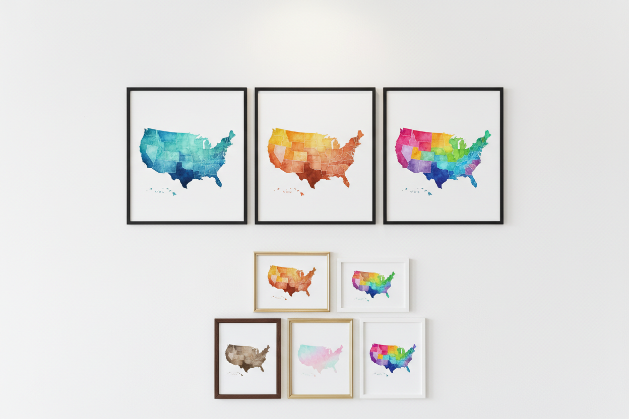 Three USA Maps Framed Collection Display