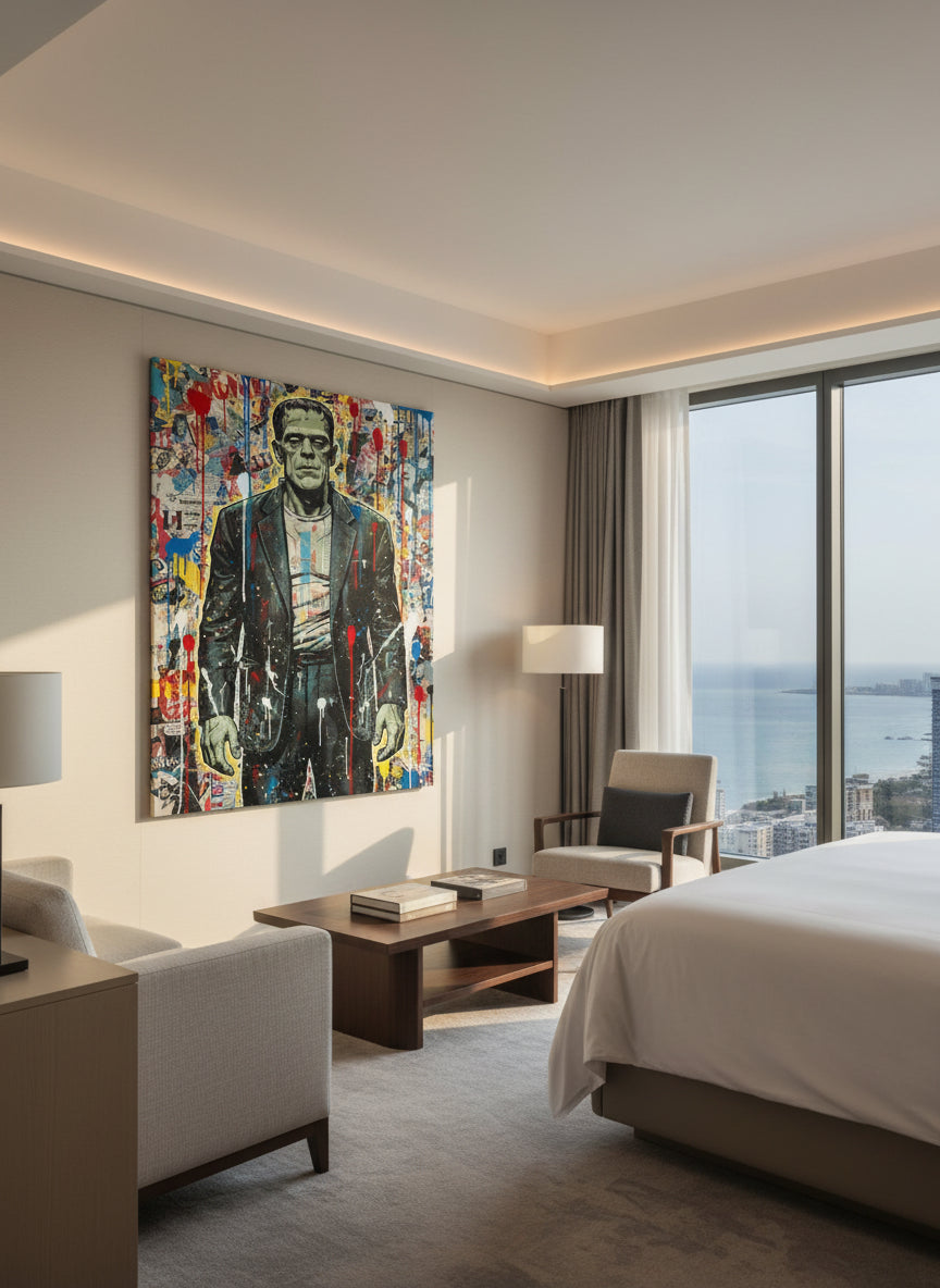 Close-up of Frankenstein's monster in a dark suit against a vibrant, graffiti-style pop art backdrop with red, blue, yellow, and white paint drips.