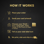 An informational graphic titled 'HOW IT WORKS' on a dark textured background, showing five steps in gold text and icons for ordering, sending card artwork, choosing a finish, providing slab label text, and receiving the printed slab.