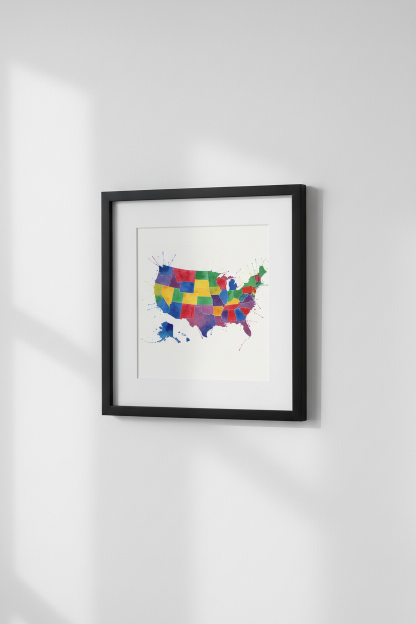 USA Map in Black Frame on Wall
