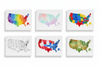 Set of six colorful and black and white United States maps on a white background