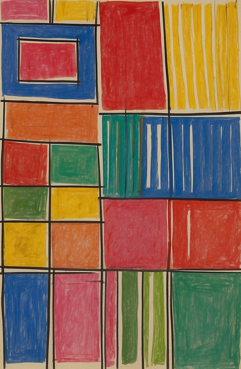 Abstract Geometric Blocks Gouache Painting on 70 Year Old French Paper