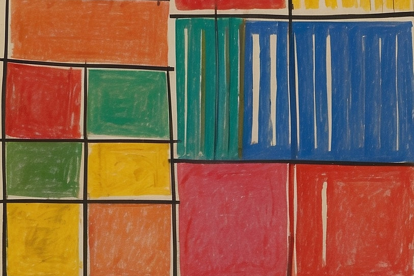 Abstract Geometric Blocks Gouache Painting on 70 Year Old French Paper